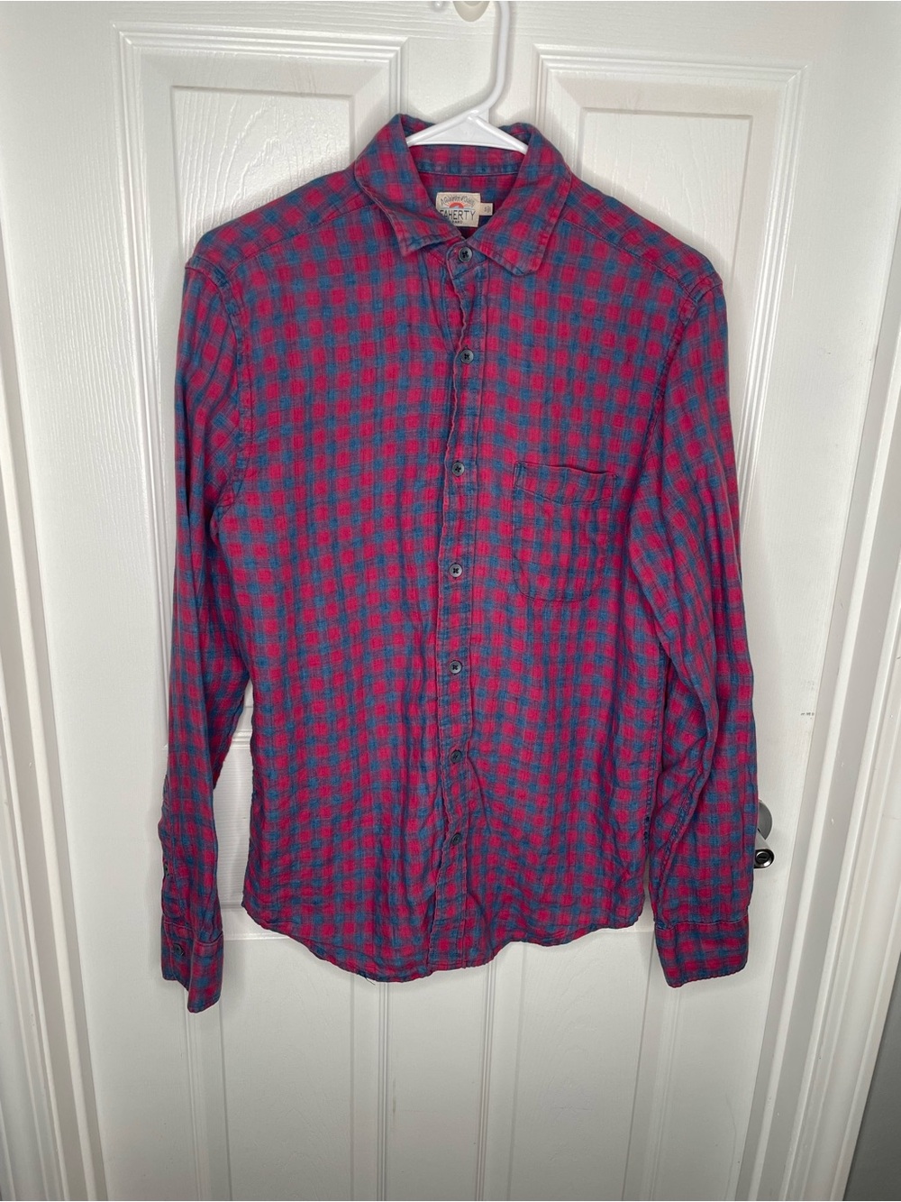 Faherty 100% Linen Plaid Button Down Beach Coastal Vacation Preppy in Red/Blue S